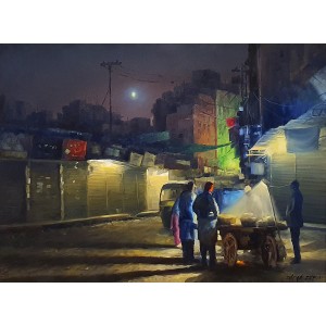 Zulfiqar Ali Zulfi, Moon Light Street, 30 x 40 Inch, Oil on Canvas, Cityscape Painting-AC-ZUZ-070
